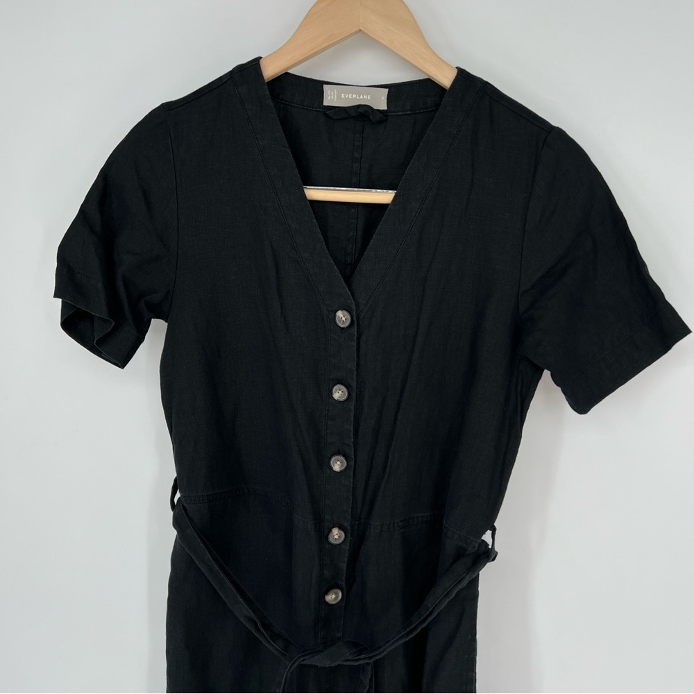 EVERLANE Women's The 100% Linen Short-Sleeve‎ Jumpsuit Size 0 Black - Picture 3 of 14